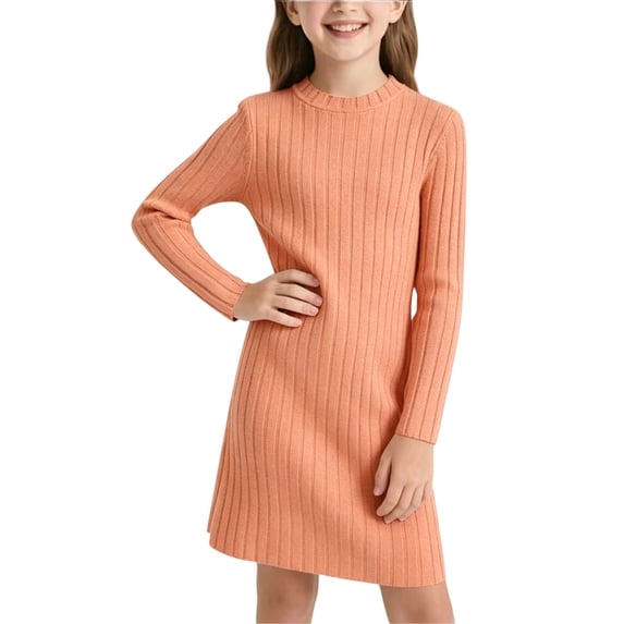 Sweater Dress for Girls Size 8-9 Long Sleeve Crew Neck Casual Ribbed Fitted Fall Winter Soft Midi Dress Ginger