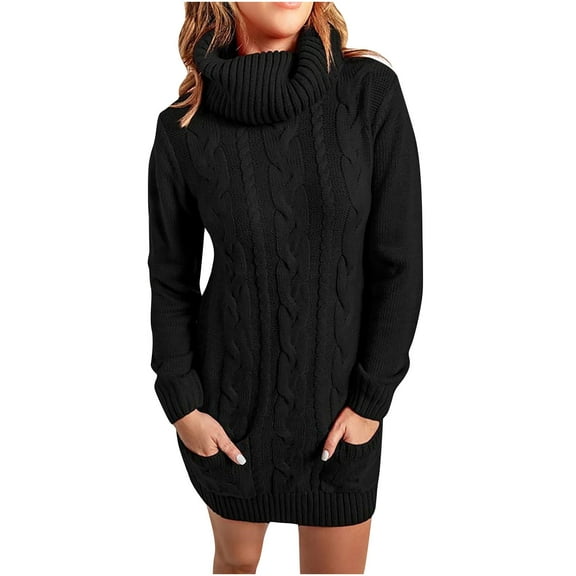 Sweater Dress for Women Cable Knit Sweaters Turtleneck Classic-Fit Long Sleeve Dress Ribbed Solid Winter Dress with Pockets