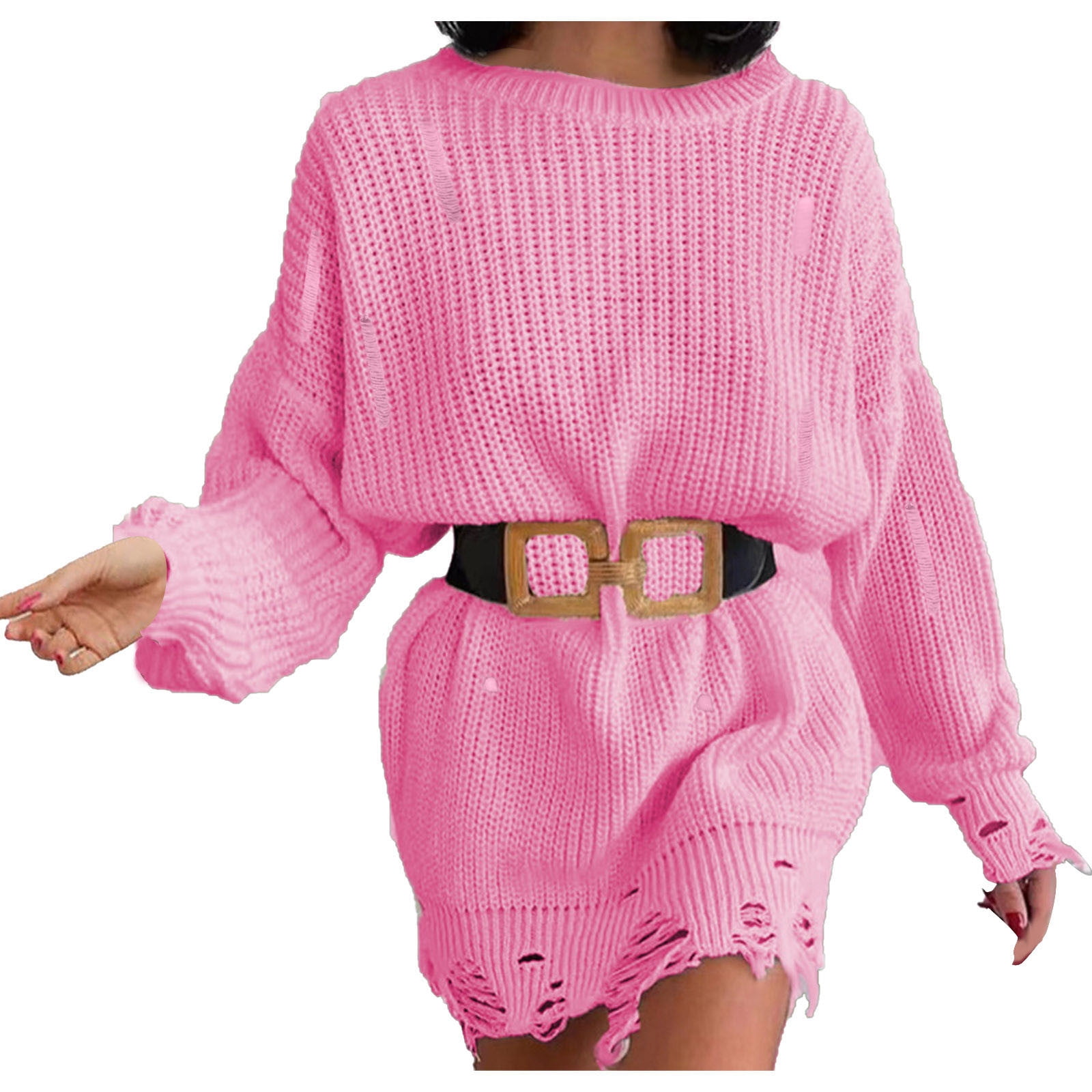 Sweater Dress for Women Distressed Long Sleeve Solid Cable Knit Pullover Dress Destroyed Hem Soft Mini Holiday Dress Womens Clothes Walmart