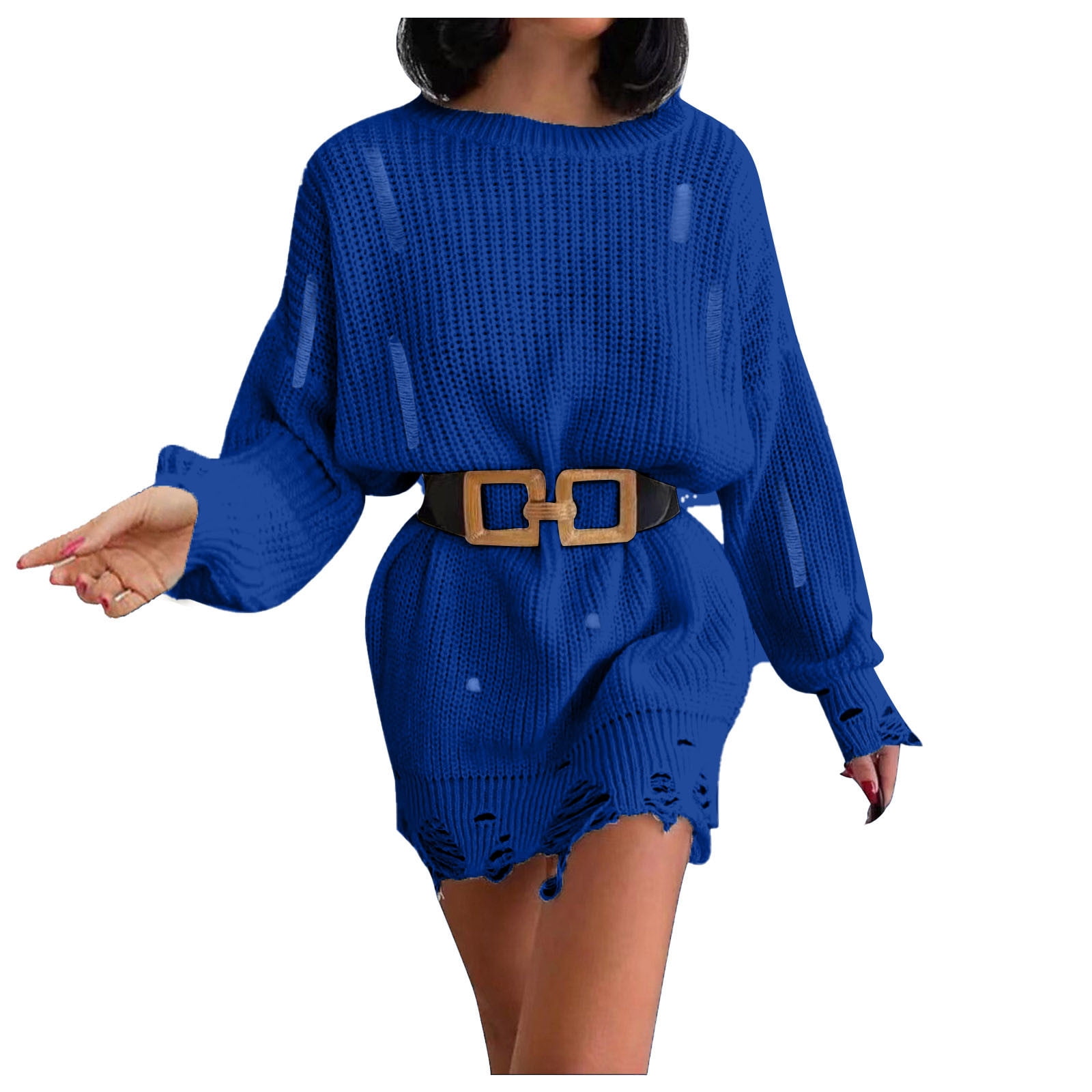 Sweater Dress for Women Distressed Long Sleeve Solid Cable Knit Pullover  Dress Destroyed Hem Soft Mini Holiday Dress - Walmart.com