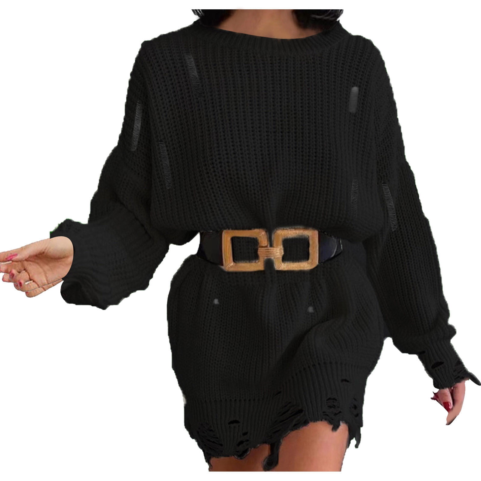 Sweater Dress for Women Distressed Long Sleeve Solid Cable Knit Pullover  Dress Destroyed Hem Soft Mini Holiday Dress - Walmart.com