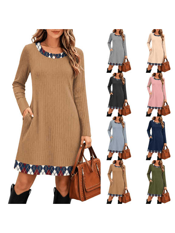 Sweater Dress for Women Gingham Long Sleeve Mini Dresses Crew Neck Color Block Knit Dresses Loose Fit Lightweight Winter Clothing