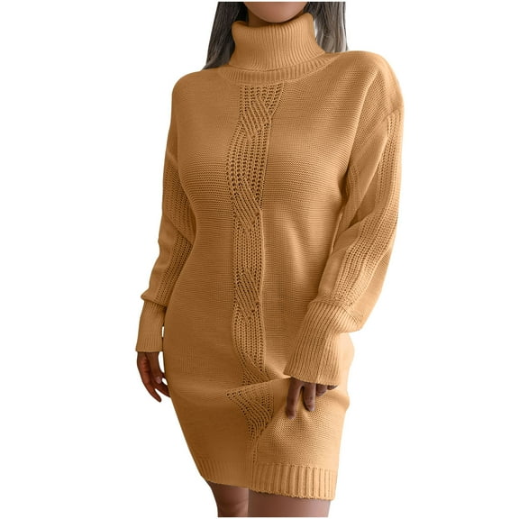 Sweater Dress for Women Lantern Long Sleeve Turtleneck Knit Dresses Solid Color Casual Comfy Pullover Sweater Dress
