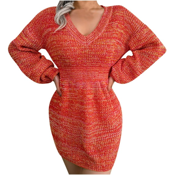 Sweater Dress for Women Long Lantern Sleeve V Neck Knitted Pullover Dress Casual Comfy Winter Tunic Dress for Women