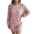 thumbnail image 1 of Sweater Dress for Women Long Sleeve Boatneck Crochet Knit Hollow Out Fall Pullover Dresses Solid Comfy Short Mini Dress, 1 of 7