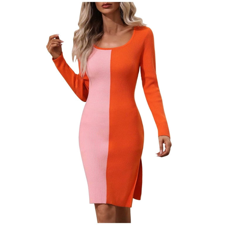 Cocktail Dresses Knee Length Tight De Sweater Dress For Women Long Sleeve  Color Block Knee Length
