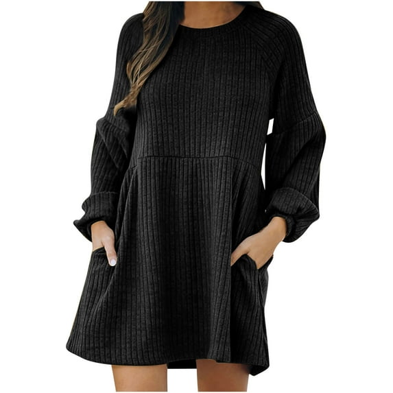 Sweater Dress for Women Long Sleeve Crewneck Knit Ribbed Short Dress Solid Color Casual Loose Fall Dress with Pockets