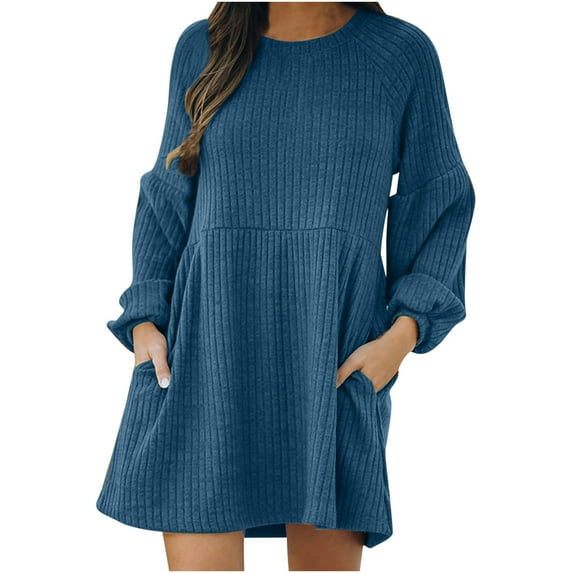 Sweater Dress for Women Long Sleeve Crewneck Knit Ribbed Short Dress Solid Color Casual Loose Fall Dress with Pockets