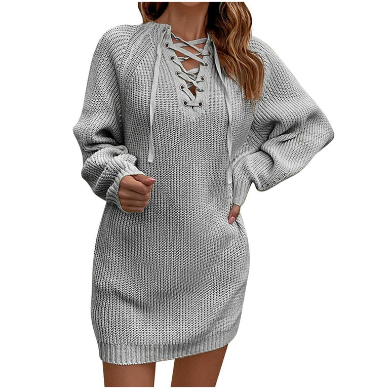 Sweater Dress for Women Long Sleeve Eyelet Lace up Cable Knit Pullover Dress Solid Color Casual Short Fall Dress