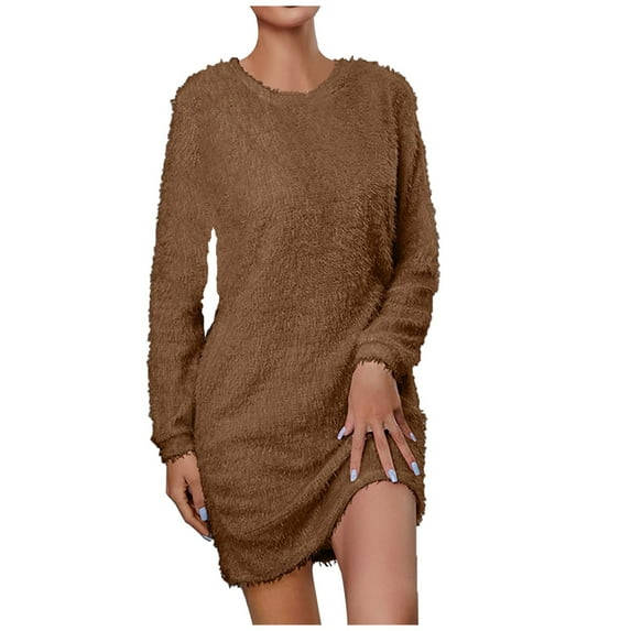 Clearance Sweater Dress for Women Long Sleeve Soft Fleece Plush Women's Fashion Leisure Cozy Solid Crewneck Sweatshirt Dress
