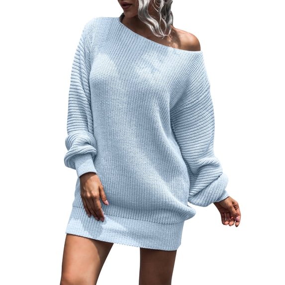 Sweater Dress for Women Off Shoulder Boat Neck Long Sleeve Chunky Knit Jumper Pullover Blue L