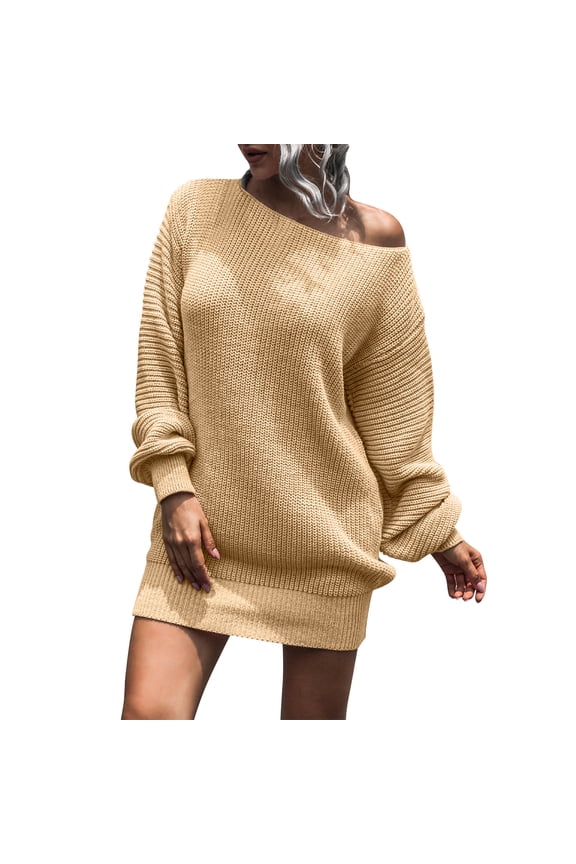 Sweater Dress for Women Off Shoulder Boat Neck Long Sleeve Chunky Knit Jumper Pullover Khaki M