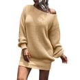 thumbnail image 1 of Sweater Dress for Women Off Shoulder Boat Neck Long Sleeve Chunky Knit Jumper Pullover Khaki XL, 1 of 6