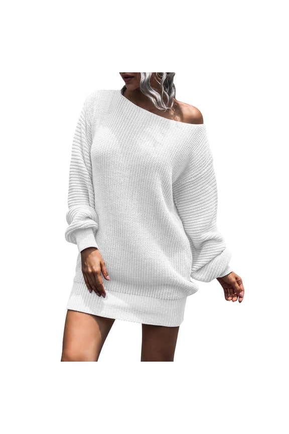 Sweater Dress for Women Off Shoulder Boat Neck Long Sleeve Chunky Knit Jumper Pullover White L