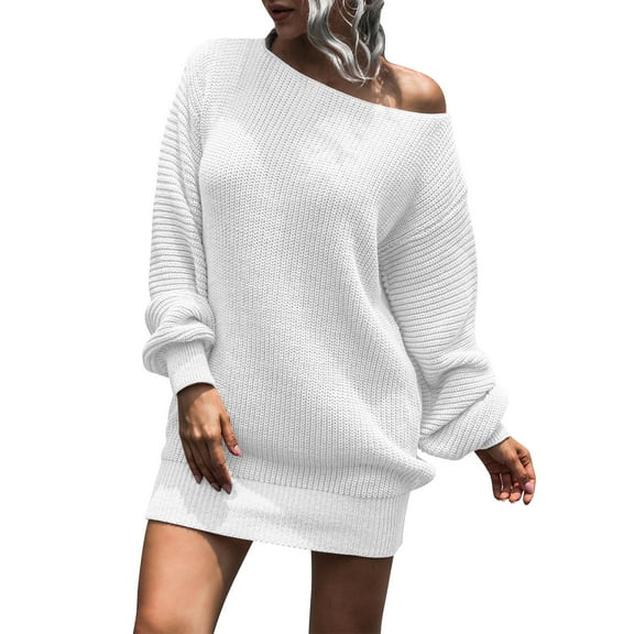 Sweater Dress for Women Off Shoulder Boat Neck Long Sleeve Chunky Knit Jumper Pullover White L