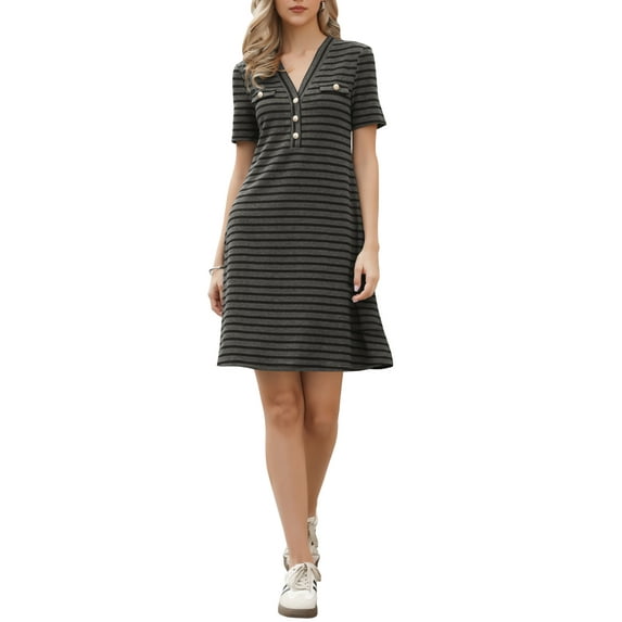 Sweater Dress for Women Short Sleeve V Neck A-Line Striped Knit Dresses XS Dark Gray