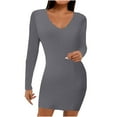 thumbnail image 1 of Sweater Dress for Women Solid Color Ribbed Dress Long Sleeve Mini Dress Scalloped V Neck Dress Slim Fit Bodycon Dress Dress Women, 1 of 8