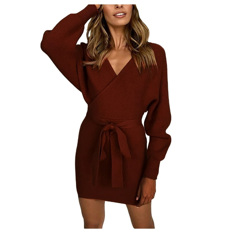Sweater Dress for Women Solid Sexy V Neck Knitted Sweater Dress