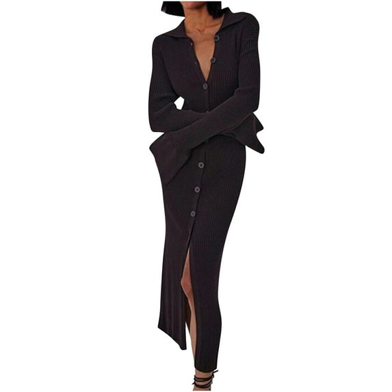 Sweater Dress for Women V Neck Lapel Button Down Long Dress Slim Fit Ribbed Solid Color Split Fall Midi Knitted Dress