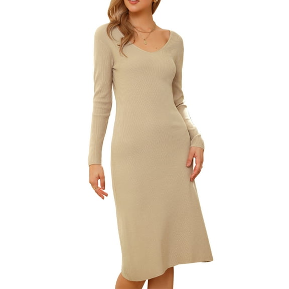 INSPIRE CHIC Sweater Dress for Women's V Neck Long Sleeve Ribbed Knit Midi Dresses L Beige