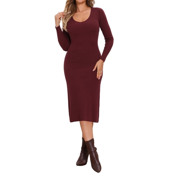 INSPIRE CHIC Sweater Dress for Women's V Neck Long Sleeve Ribbed Knit Midi Dresses M Burgundy