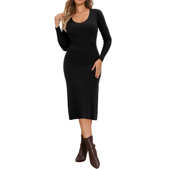 INSPIRE CHIC Sweater Dress for Women's V Neck Long Sleeve Ribbed Knit Midi Dresses S Black