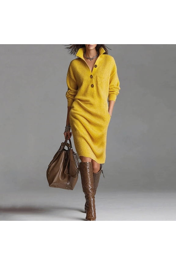 Sweater Dresses for Women Oversized Lapel Loose Straight Knit Mid Length Sweater Dress Womens Casual Solid Plus Size Turndown Collar Button Fall Long Sleeves Knee Length Dresses with Pockets