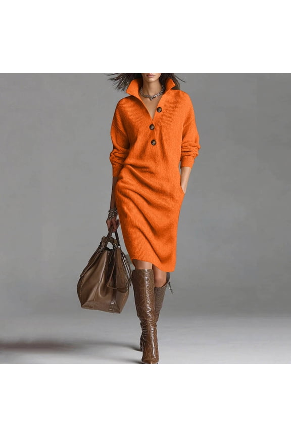 Sweater Dresses for Women Oversized Lapel Loose Straight Knit Mid Length Sweater Dress Womens Casual Solid Plus Size Turndown Collar Button Fall Long Sleeves Knee Length Dresses with Pockets