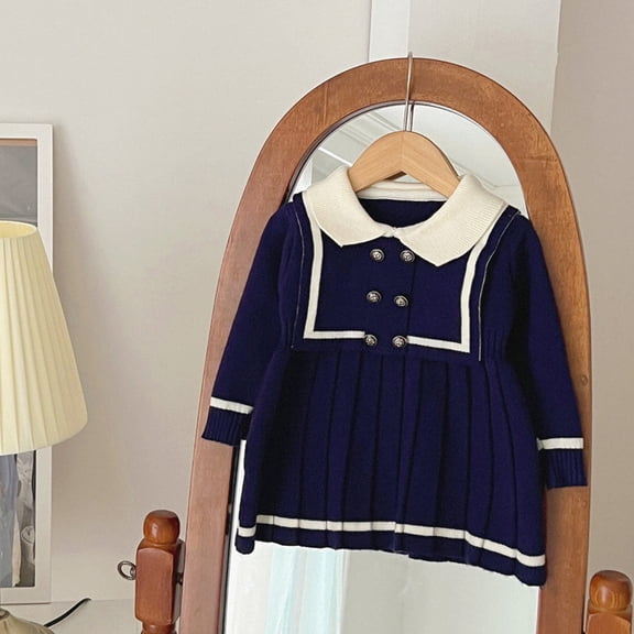 Sweater Dresses for Girls Long Sleeve Size 3-8 Toddlers Kids Trendy Color-Block Doll-Collar Warm Knitted Pleated Winter Dress