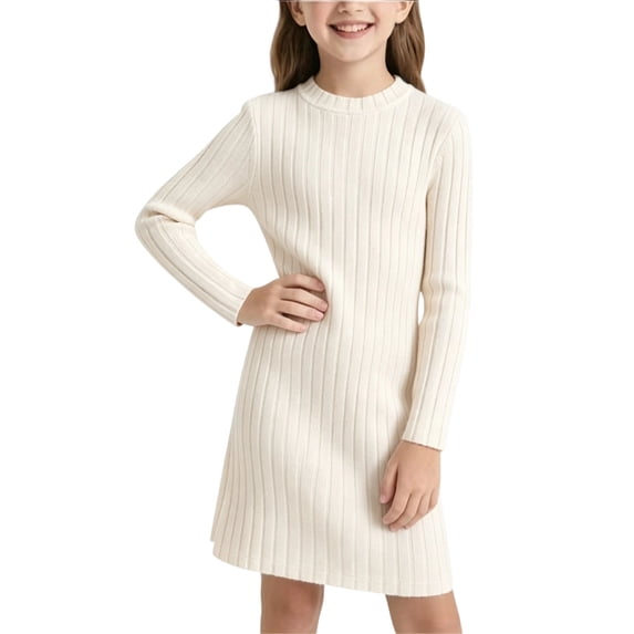 Sweater Dresses for Girls Size 8-9 Long Sleeve Mock Neck Ribbed Knit Fall Soft Stretchy Midi Dress Beige