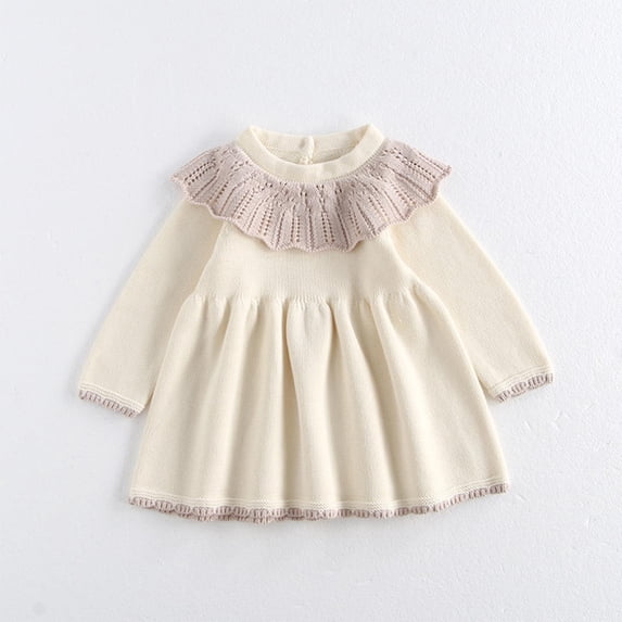 Sweater Dresses for Toddlers Girls Long Sleeve 6M-5Y Newborn Kids Cute Knitted Ruffle Crewneck Stretchy Slim-Fit A-Line Solid Warm Dress