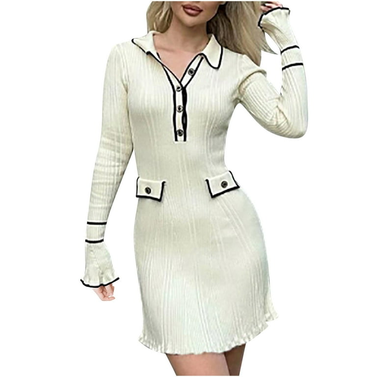 Sweater Dresses for Women 2024 Ruffle Long Sleeve Ribbed Knit Dress Fashion  Slim Fit Button Front Lapel Dresses (White M) - Walmart.com