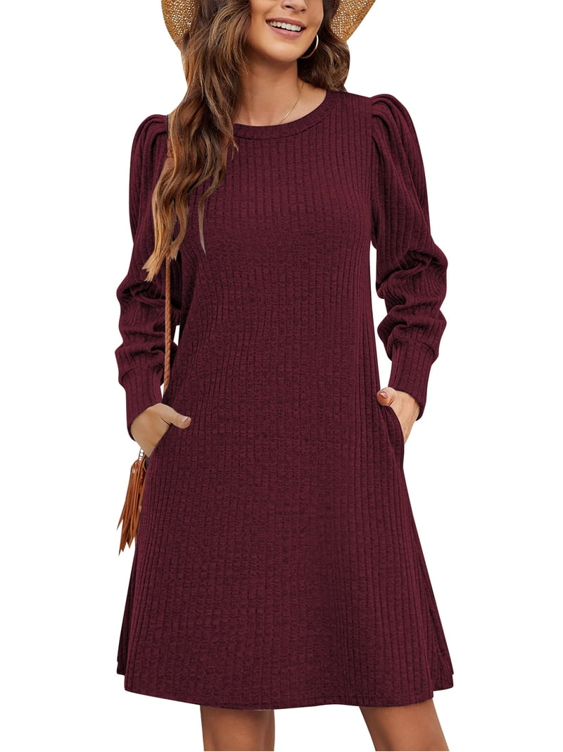 Temofon Sweater Dresses for Women 2025 Knit Dresses Long Sleeve Dress Casual Fall Winter Round Neck A Line Dress with Pockets