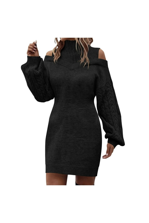 Sweater Dresses for Women Casual Turtleneck Cold Shoulder Long Sleeve Cable Knit Dress 2025 Fall Winter Mini Dress