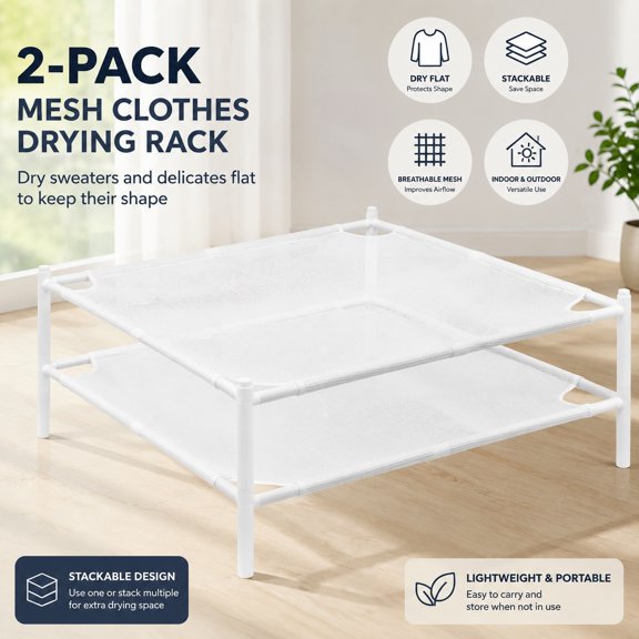 Sweater Drying Rack Mesh Clothes Drying Rack Stackable Laundry Organizer Lay Flat Portable Indoor Outdoor Drying Rack 2-Pack White