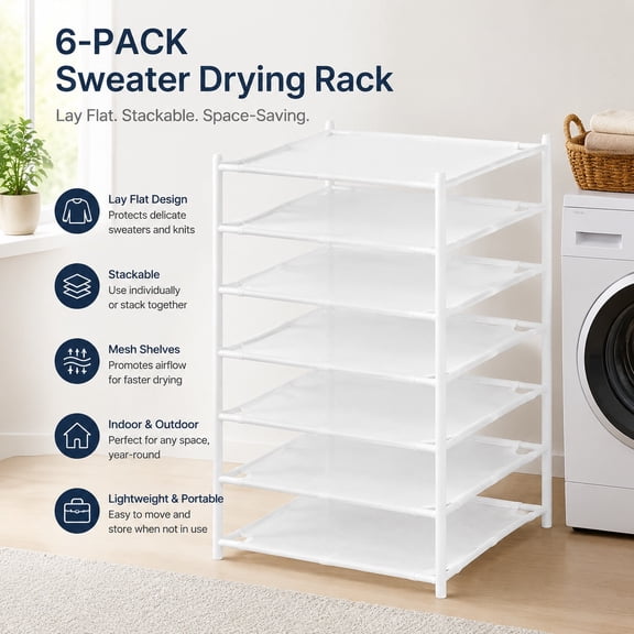 Sweater Drying Rack Mesh Clothes Drying Rack Stackable Lay Flat Dryer for Delicates Portable Indoor Outdoor Laundry Drying Rack White 6-Pack