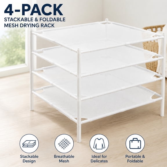 Sweater Drying Rack Mesh Clothes Organizer Stackable Lay Flat Drying Rack for Delicates Portable Indoor Outdoor Clothes Dryer White 4-Pack