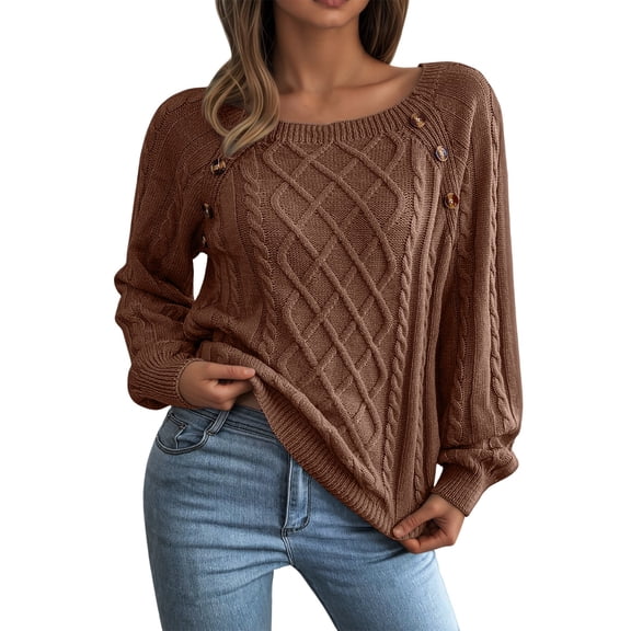 Sweater For Women Fall Cable Chunky Knitted Button Long Sleeve Crew Neck Fall Winter Clothes Coffee