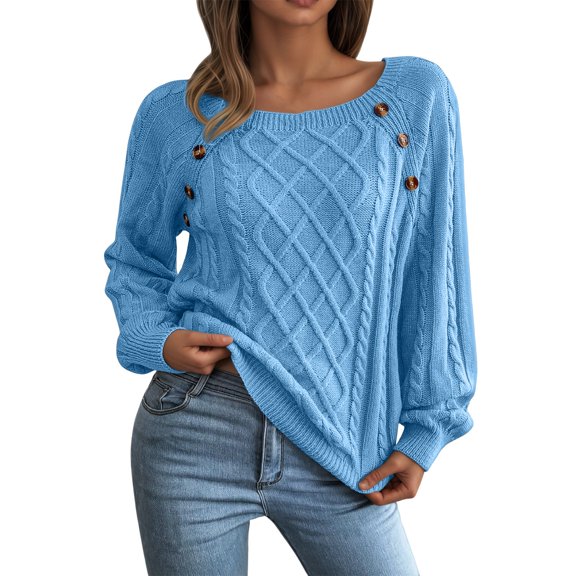 Sweater For Women Fall Cable Chunky Knitted Button Long Sleeve Crew Neck Lightweight Sweaters Sky Blue