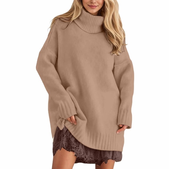 Sweater For Women Fall Elegant Solid Knitted Turtleneck and Solid Lace Tank Dress 2 Piece Set Plus Size Sweater Khaki
