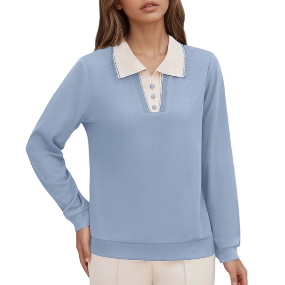 Sweater For Women Fall Patchwork Button Lapel Knitted Long Sleeve Loose Fit Trendy Clothes 2025 Blue