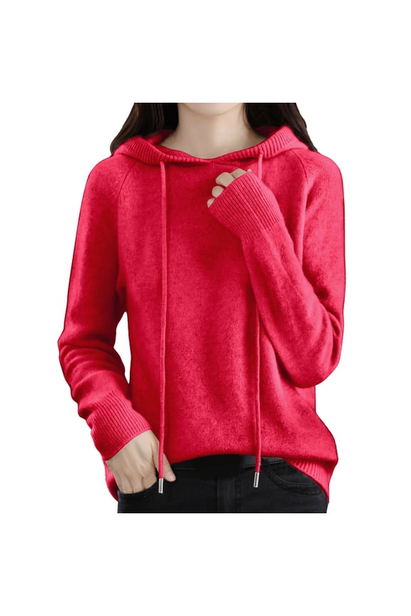 Sweater For Women Fall Solid Color Knitted Long Sleeve Hooded Shirts Drawstring Lightweight Sweaters Red