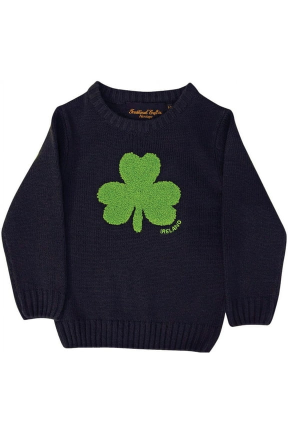 Sweater Girl's Boy's Navy Pullover for St. Patricks Day - Knit Emerald Shamrock Kids Jumper from Ireland