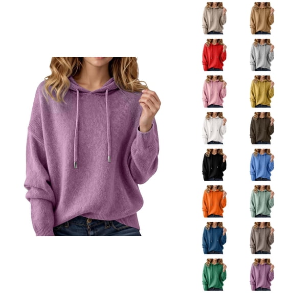 Plain Knitted Hoodies for Women Fall Winter Long Sleeve Relaxed Fit Casual Hooded Sweatshirt Pullover Tops