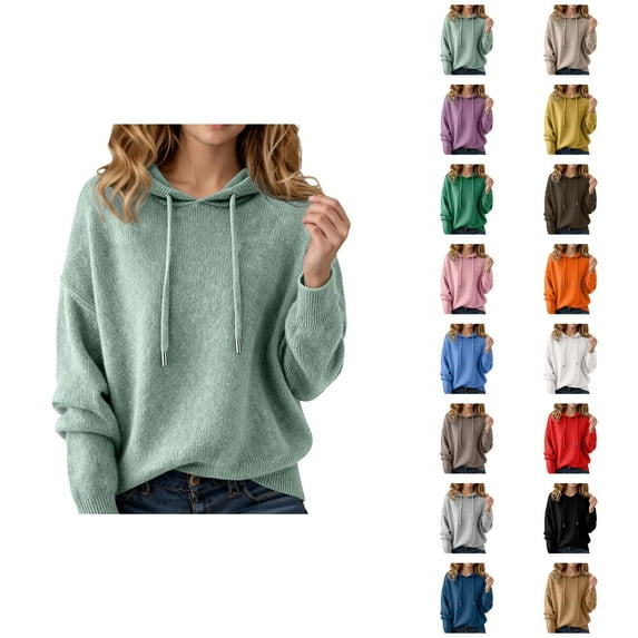Sweater Hoodie for Women 2026 Fall Winter Trendy Knit Solid Color Hooded Sweatshirt Pullover Top