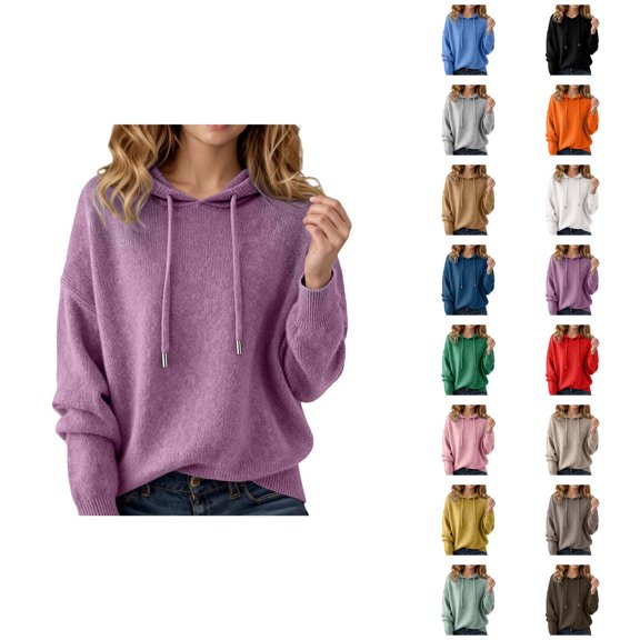 Sweater Hoodie for Women 2026 Trendy Long Sleeve Knit Solid Color Hooded Sweatshirt Pullover Top