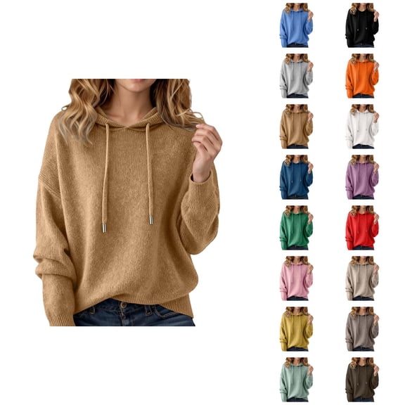 Sweater Hoodie for Women 2026 Trendy Long Sleeve Knit Solid Color Hooded Sweatshirt Pullover Top