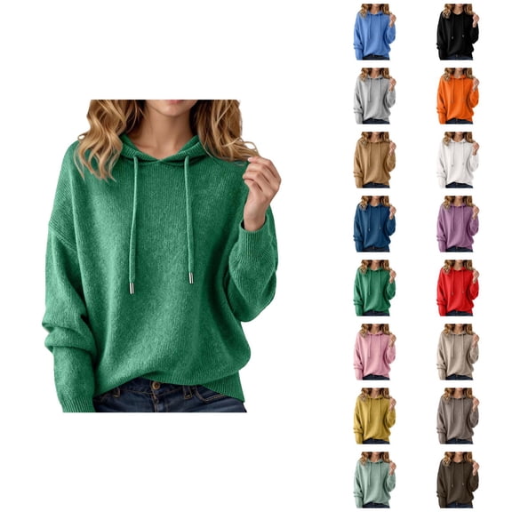 Sweater Hoodie for Women 2026 Trendy Long Sleeve Knit Solid Color Hooded Sweatshirt Pullover Top