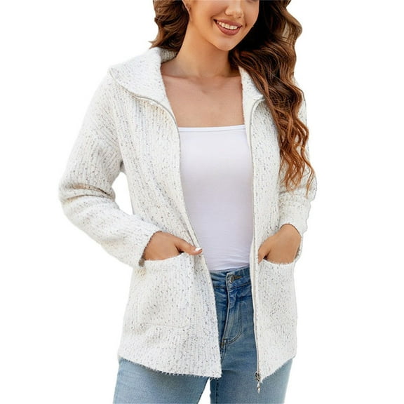 Sweater Jacket for Women, Yigetop Women's Long Sleeve Cardigan Sweater Fall Knit Thick High Neck Winter Zip Full Zip Spring Drop Shoulder Zip Up Sweaters for Women White L