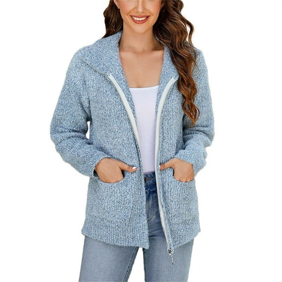 Sweater Jacket for Women, Yigetop Women's Long Sleeve Cardigan Sweater Fall Knit Thick High Neck Winter Zip Full Zip Spring Drop Shoulder Zip Up Sweaters for Women Grey L
